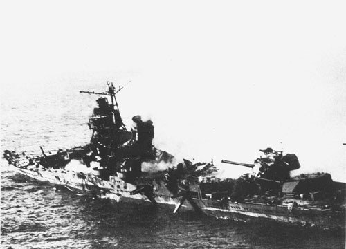 Japanese Mogami class cruiser left "gutted and abandoned" after attack by our carrier-based planes on June 6th.