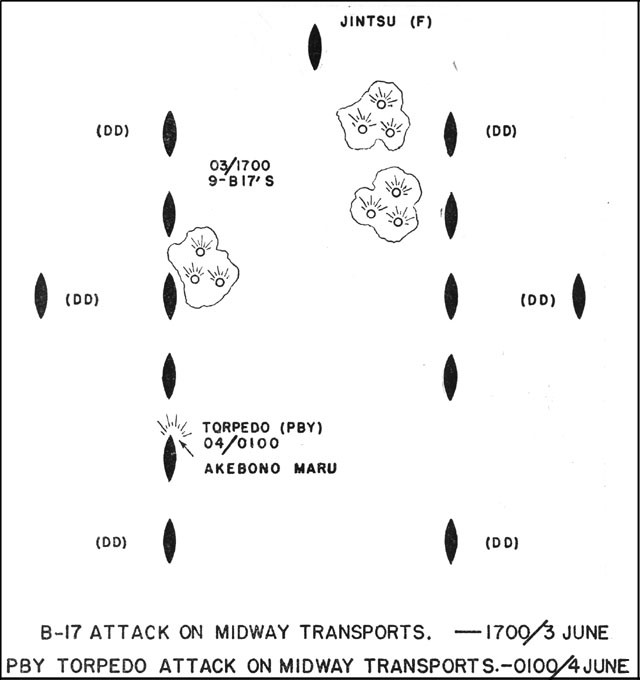 Chart showing B-17 attack on Midway transports - 1700 3 June and PBY torpedo attack on Midway transports - 0100 4 June.
