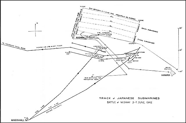Chart showing track of Japanese submarines, battle of Midway 3-7 June 1942.