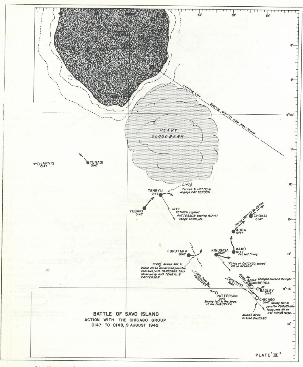 Plate 9: Battle of Savo Island, Action with the CHICAGO Group, 0147 to 0148, 9 August 1942 - chart - The Battle of Savo Island August 9, 1942 Strategical and Tactical Analysis