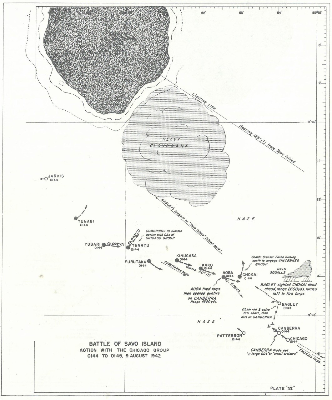 Plate 6: Battle of Savo Island, Action with the CHICAGO Group, 0144 to 0145, 9 August 1942 - chart - The Battle of Savo Island August 9, 1942 Strategical and Tactical Analysis