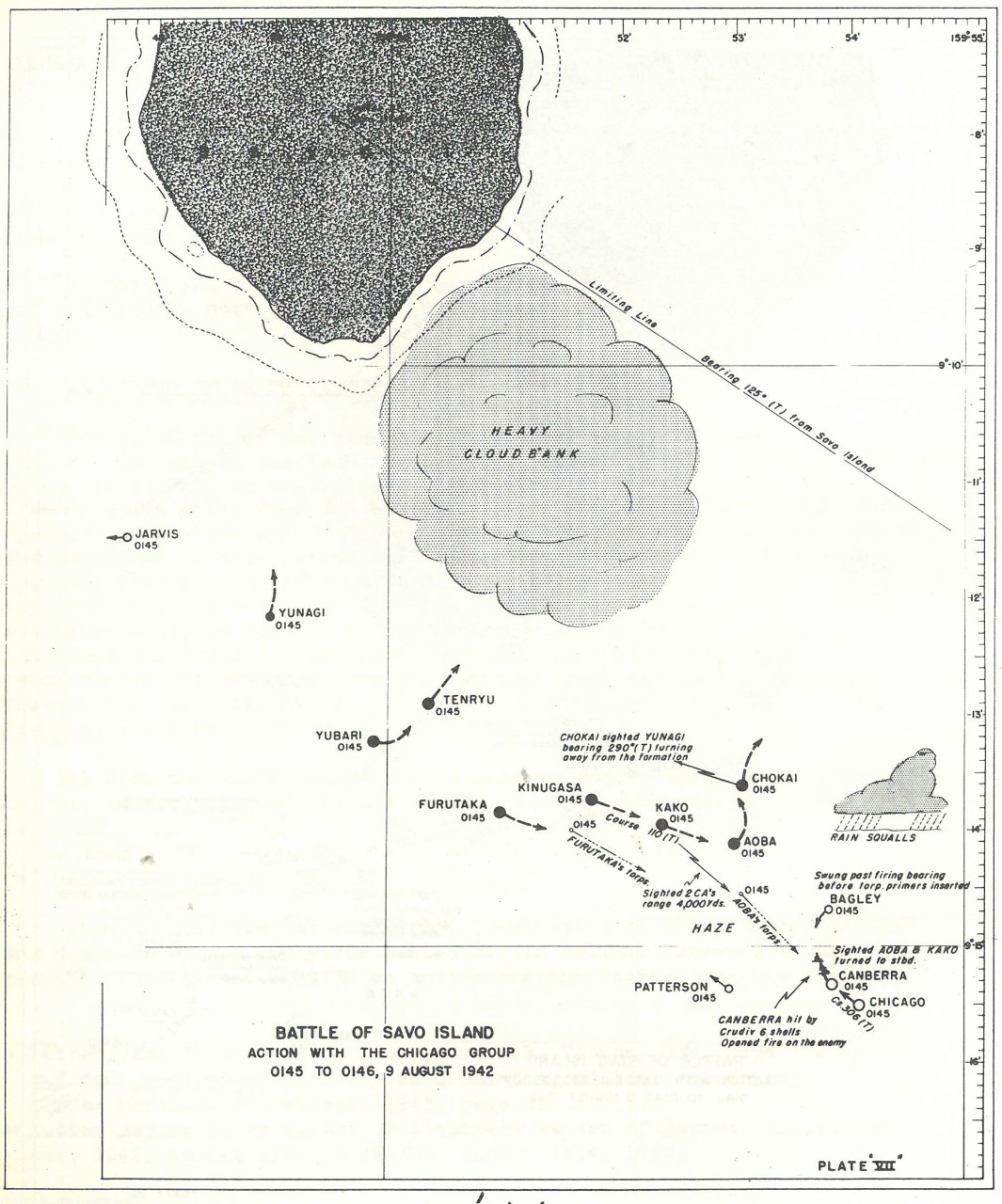 Plate 7: Battle of Savo Island, Action with the CHICAGO Group, 0145 to 0146, 9 August 1942 - chart - The Battle of Savo Island August 9, 1942 Strategical and Tactical Analysis