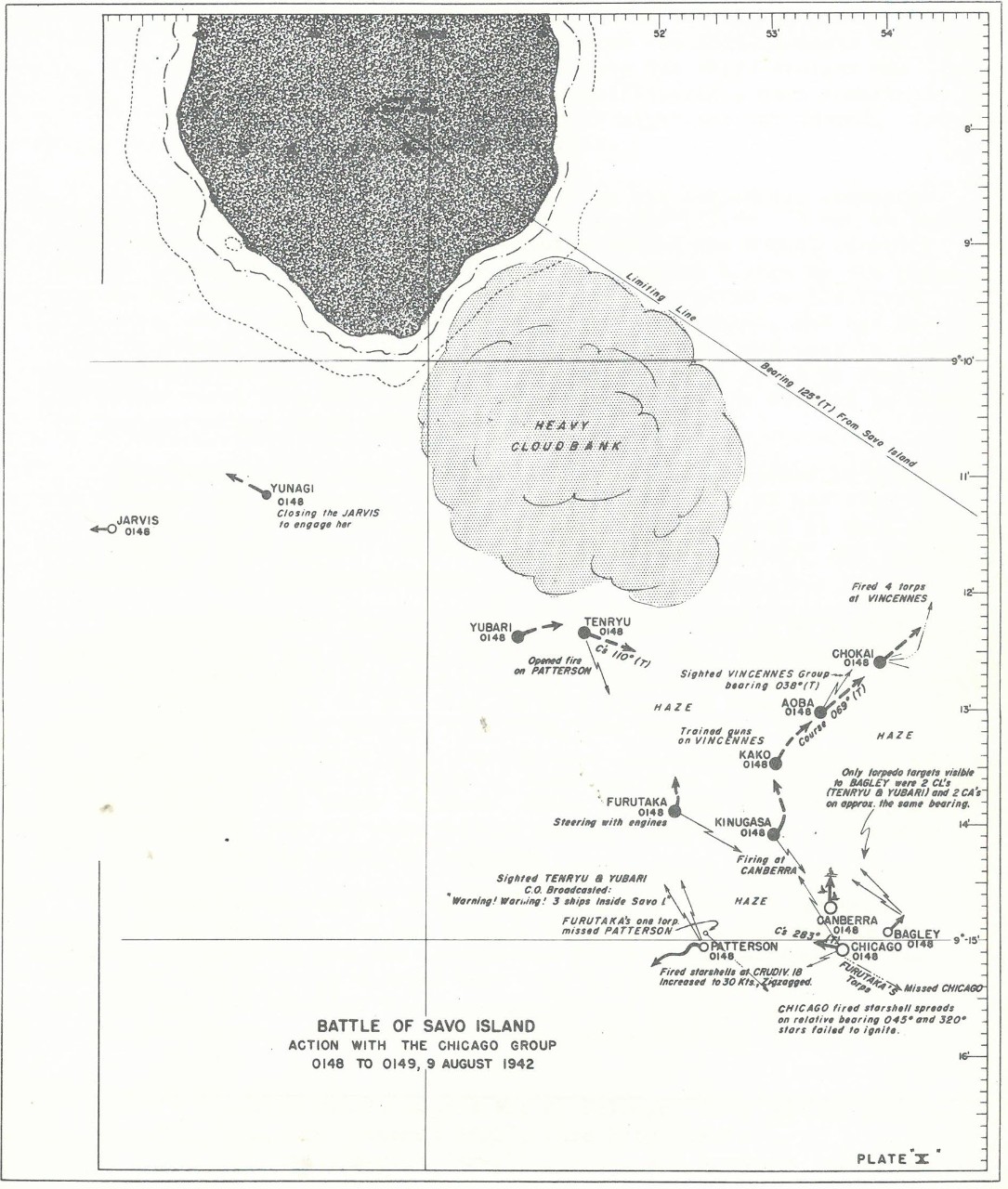 Plate 10: Battle of Savo Island, Action with the CHICAGO Group, 0148 to 0149, 9 August 1942 - chart - The Battle of Savo Island August 9, 1942 Strategical and Tactical Analysis