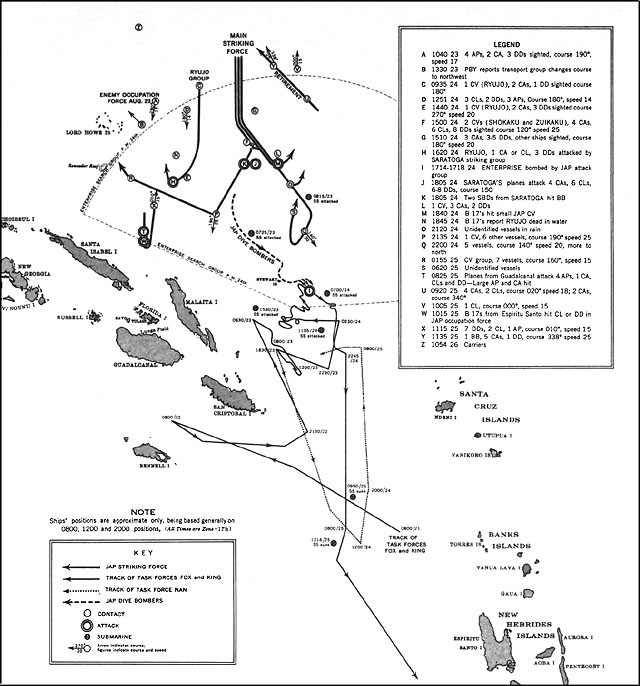 Map  - The Battle of the Eastern Solomons, 23-25 August 1942, showing ship positions