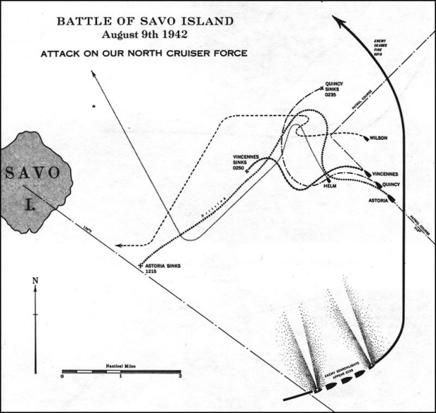 Battle of Savo Island, August 9th 1942, showing force courses during the attack on North Cruiser Force