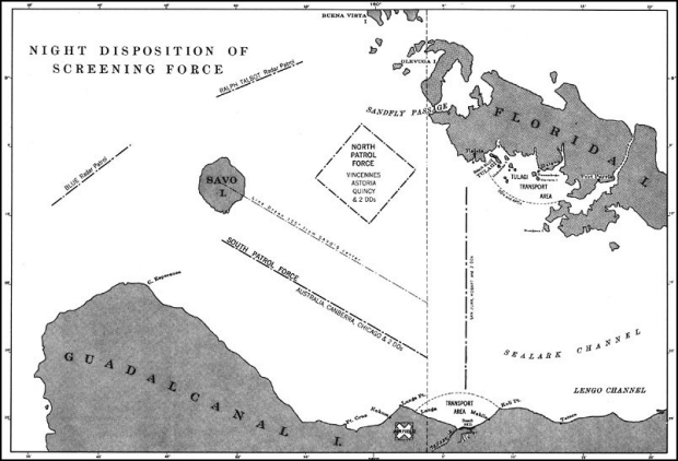 Map showing "Night Disposition of Screening Force" around Savo Island between Guadalcanal and Florida Island.