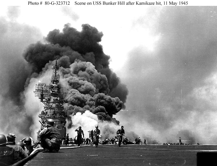 USS Bunker Hill (CV 17) on fire, 1945
