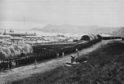 86th Seabees Lined up for Inspection on Maintenance Avenue, Adak, July 16, 1944. 