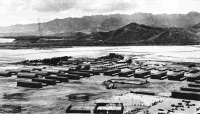 Barracks and Recreation Field at Kaneohe Naval Air Station. 
