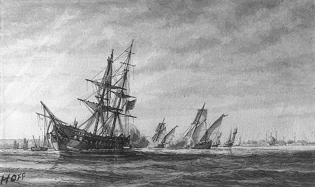 Stranding and capture of USS Philadelphia, 31 October 1803, sketch by William Bainbridge Hoff.