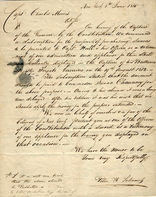 Image of a letter dated 6 June 1815, from citizens of New York presenting him a sword for the engagement with Guerriere, and his response. (Author's collection)