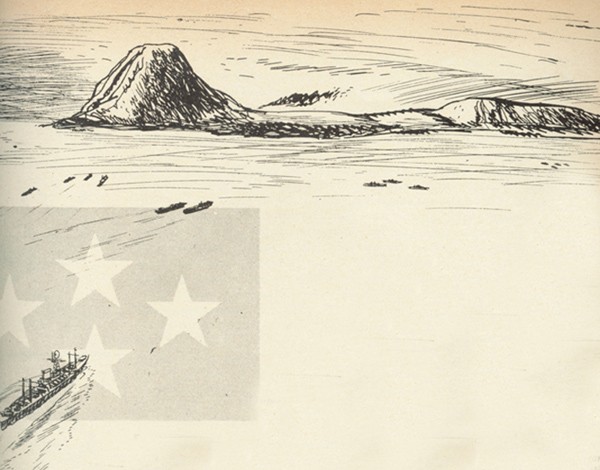 Line drawing ship approaching a mountain range