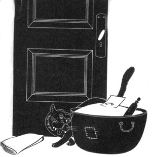 Cartoon image - door with items piled outside