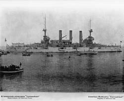 Image of U.S.S. Connecticut (BB-18), Flagship of Admiral Robley D. Evans, USN on the cruise around the world of the Great White Fleet, shown here at Callao, Peru, 1907. NH 1571