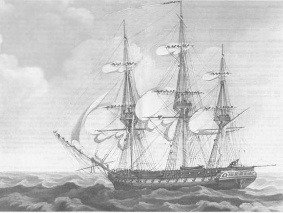 Constitution 'shows her teeth' and hoists her battle ensign as she prepared to engage Guerriere, 19 August 1812.