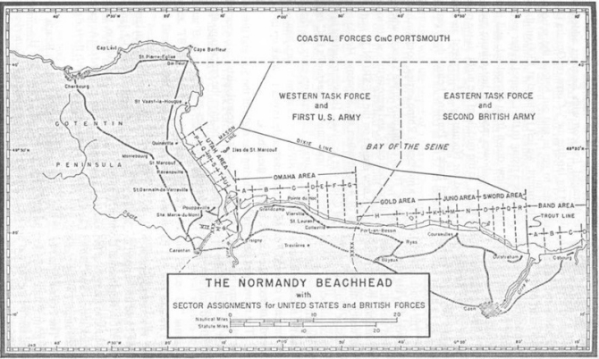 THE NORMANDY BEACHHEAD with SECTOR ASSIGNMENTS for UNITED STATES and BRITISH FORCES.