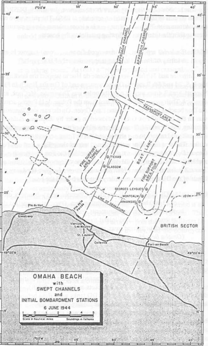 OMAHA BEACH with SWEPT CHANNELS and INITIAL BOMBARDMENT STATIONS 6 JUNE 1944 .