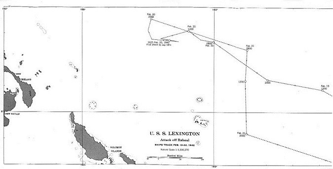 Chart - USS Lexington Attack off Rabaul, Ships track Feb. 19-22, 1942