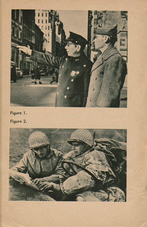 Top image: figure 1: Soldier asking policeman for directions, Bottom image: figure 2 - Two soldiers reading map.