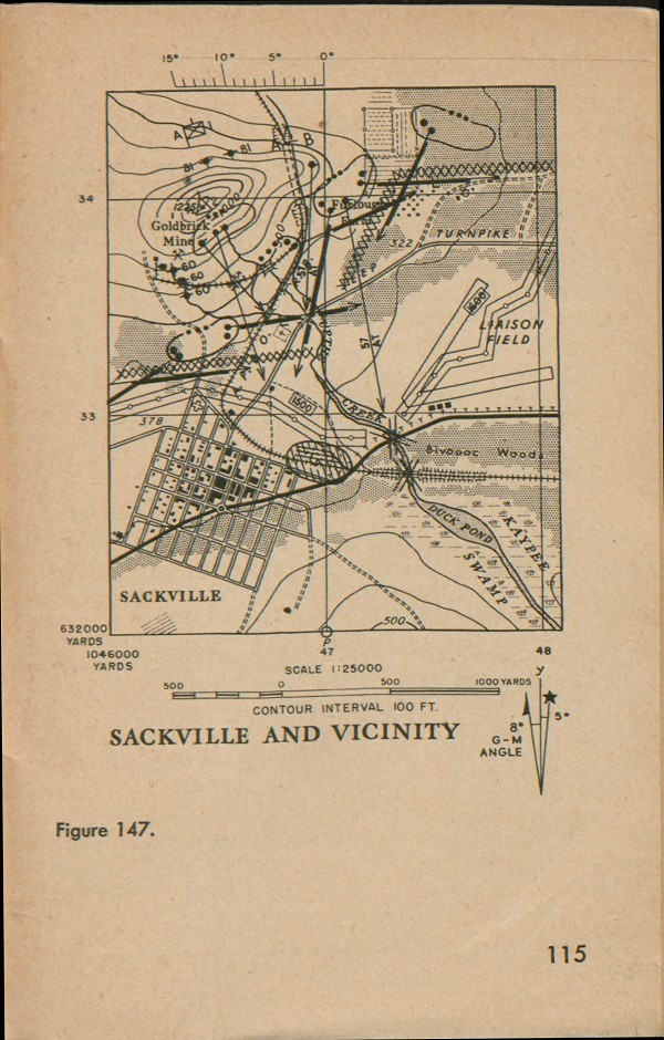 Figure 147: A map of Sackville and vicinity with contour interval 100 FT., Scale 1:25000, G-M angle, grid lines, and degrees.