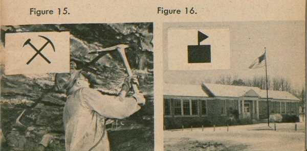 Figure 15: Shows a pick crossed with a sledge-hammer, the sign for a mine, such as a coal mine. Figure 16: Shows the sign for a schoolhouse, a black block with a flag flying from it. 
