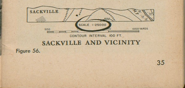 Figure 56: Part of a map of Sackville and vicinity showing contour interval 100 FT. and scale 1:25000, with scale 1:25000 circled.