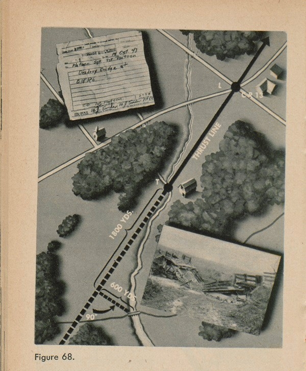 Figure 68: An example of an order map with a thrust line, distances and a paper directions to destroy bridge at B18R6.