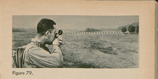 Figure 79: A man looking through a compass with a dotted line leading to a tree in the distance.