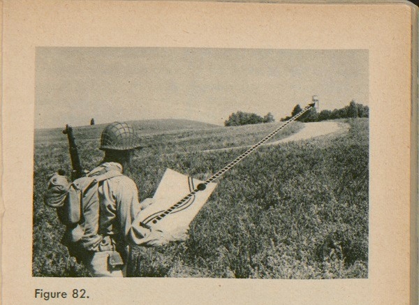 Figure 82: A man holding a map in a field with a doted line leading from the map to a water tower off in the distance.