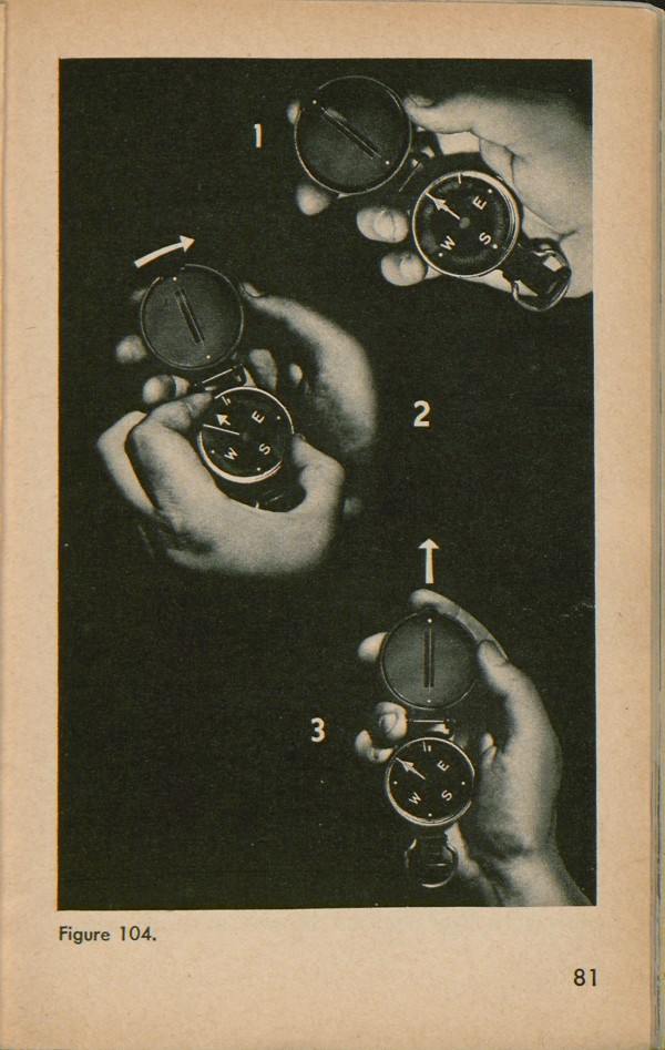 Figure 104: Three positions of a hand holding a compass to determine azimuth at night.