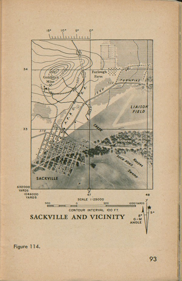Figure 114: Map of Sackville and vicinity with contour interval 100 FT, scale 1:25000, G-M angle, and half the map a satellite view.
