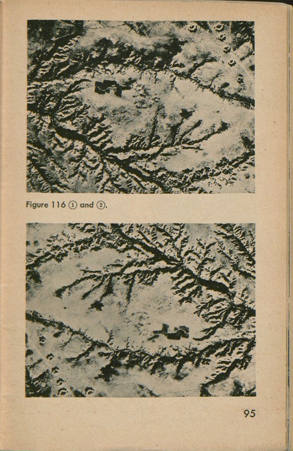 Figure 116: Two images; one an aerial view of a barren area near Mareth Line in Tunisia, cut by deep stream lines. The second, the same image, only upside down, makes the deep cuts look like mountains.