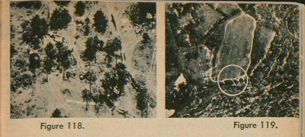 Figure 118: An aerial view of the mess made by an army unit in bivouac. Figure 119: An aerial view of an area with four track patterns in an area likely to hold artillery.