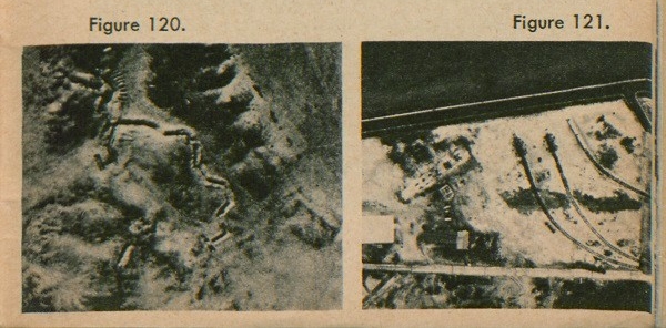 Figure 120: A photograph showing what trenches look in an aerial view. Figure 121: A photograph showing what a battery of railroad artillery looks like from an aerial view.