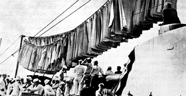 Scrubbed hammocks aboard the USS KANSAS during a training cruise in 1910