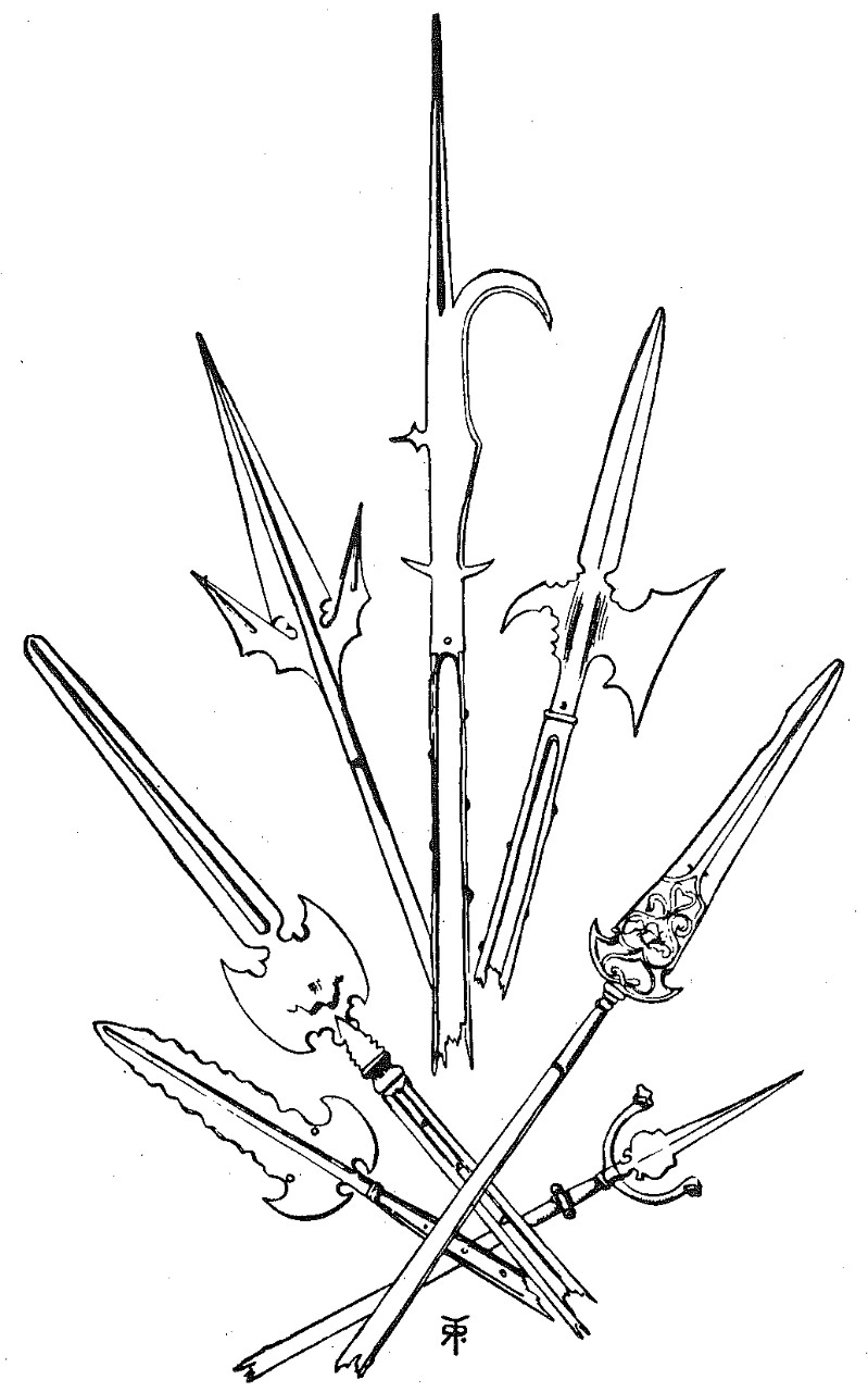 Figure 1.-Can-opener warfare.  Infantry weapons of the Middle Ages for attacking armored borsemen: halberd, bills and partisans.