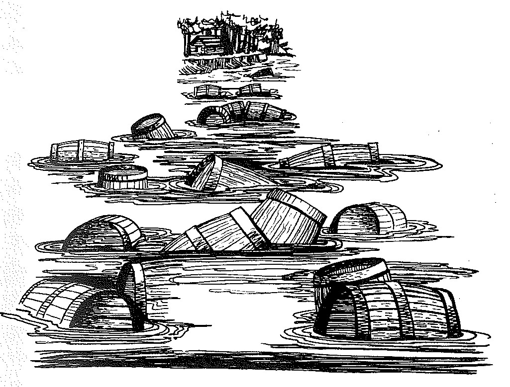 Figure 9.-Early floating mines.  Kegs of gunpowder with contact fuzes.