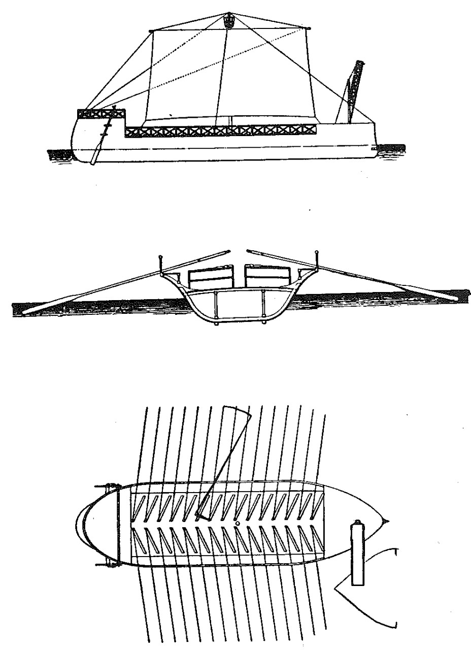 Figure 2.—Roman quinquireme. Punic War period; one bank of five-man cars. The derrick-like structure forward is the corvus, a drawbridge for boarding enemy ships. (From Wm. L, Rogers, Greek and Roman Naval Warfre, reproduced courtesy of U.S. Nava...