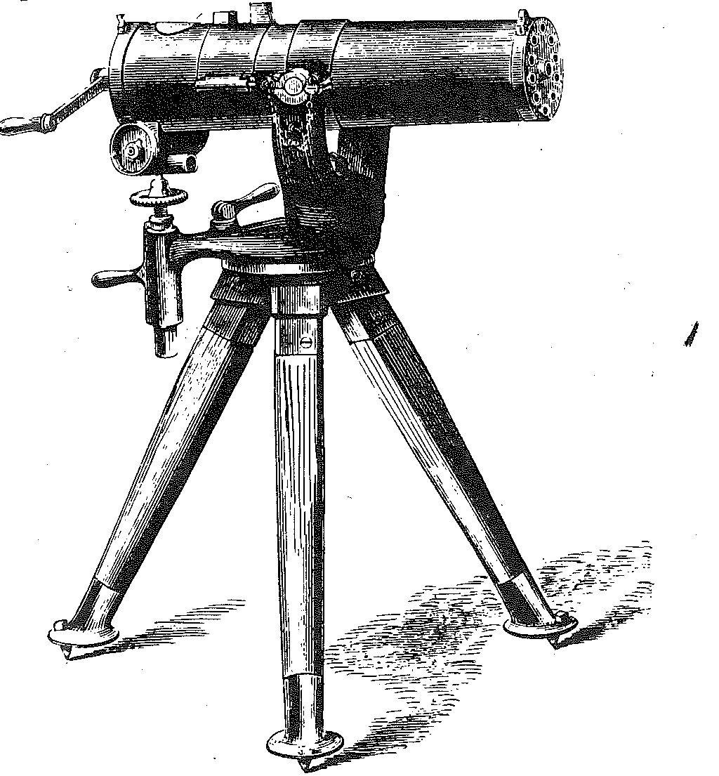 Figure 7.-Gatling gun. One of the first successful machine-guns with ten revolving turned by a crank.