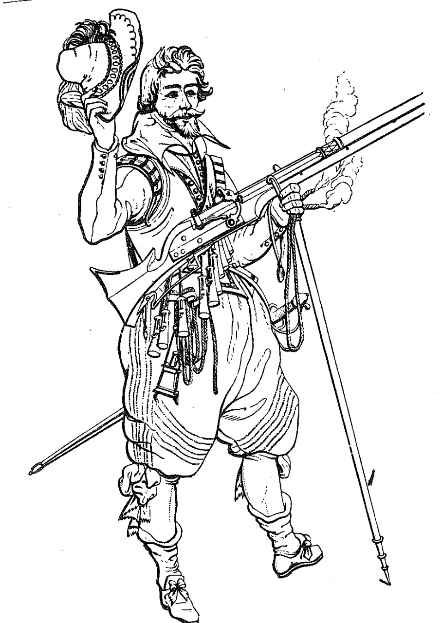 Figure 6.-Early small-arms.  Musketeer with matchlock, early 17th century.