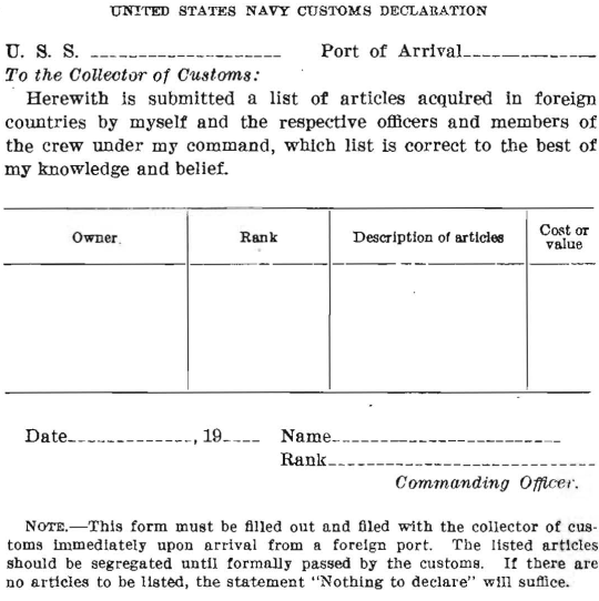 United States Navy Customs Declaration, text below image.