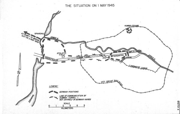 Sketch 8: The Situation on 1 May 1945, page 63, shows German positions and line of communication by subway tunnel, not entirely in German hands.