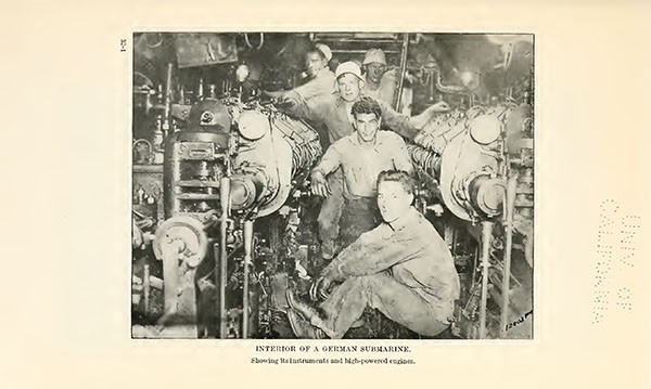 INTERIOR OF A GERMAN SUBMARINE. Showing its instruments and high-powered engines.