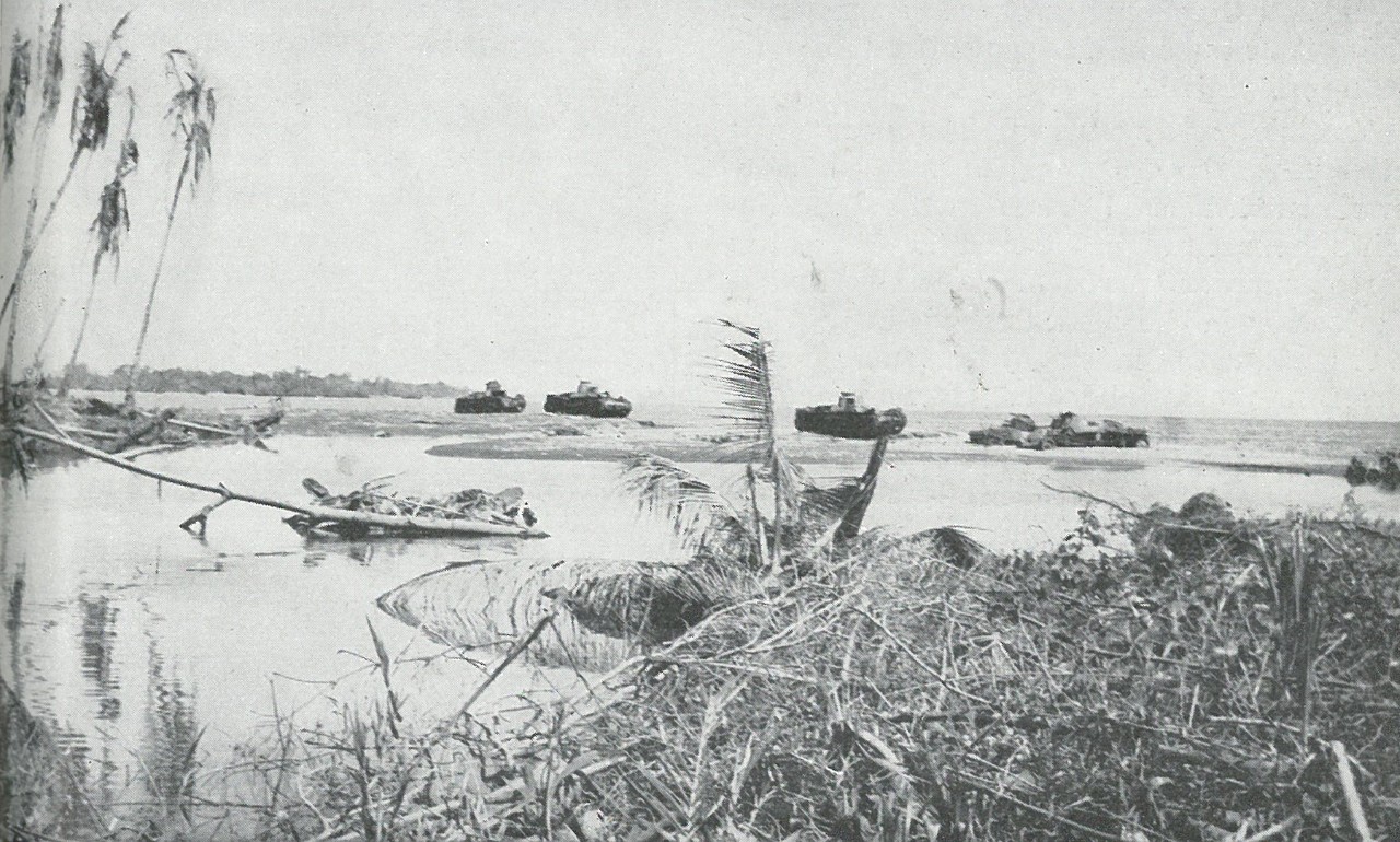 JAPANESE MEDIUM TANKS attempted a sortie across the mouth of the Matanikau only to be destroyed by Marine antitank guns and 75mm half-tracks.