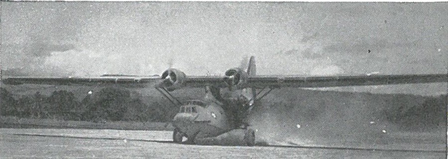 FIRST PLANE TO LAND on Henderson Field was a Navy PBY-5A which evacuated two wounded Marines on 12 August 1942.