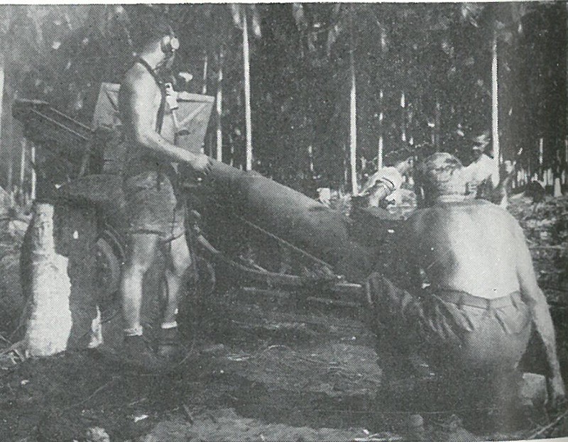 SCIENTIFIC EXTERMINATION was the artillerymen's objective. This 155mm howitzer is being fired at Japanese targets west of the Matanikau by Marines of the 4th Battalion, 11th Marines.