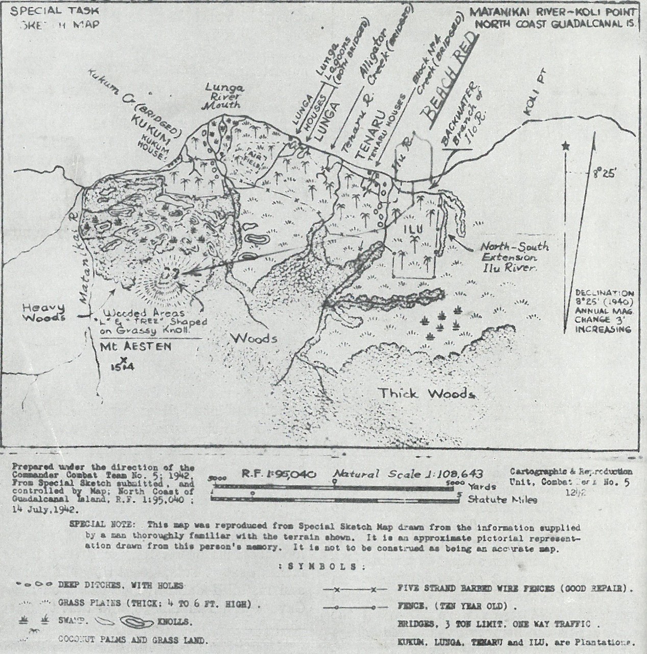 CRUDE MAPS handicapped General Vandegrift both in planning and operations. One, dated 14 July 1942, demonstrates the paucity of what was known before landing; the other, a month later, is little better than a battlefield sketch, but the best avai...