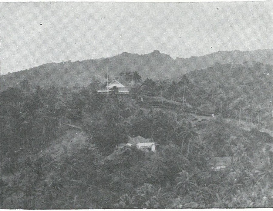 EDSON'S COMMAND POST, the former British residency on Tulagi, was established on the afternoon of 7 August. This View looks north toward Florida Island hills on skyline.