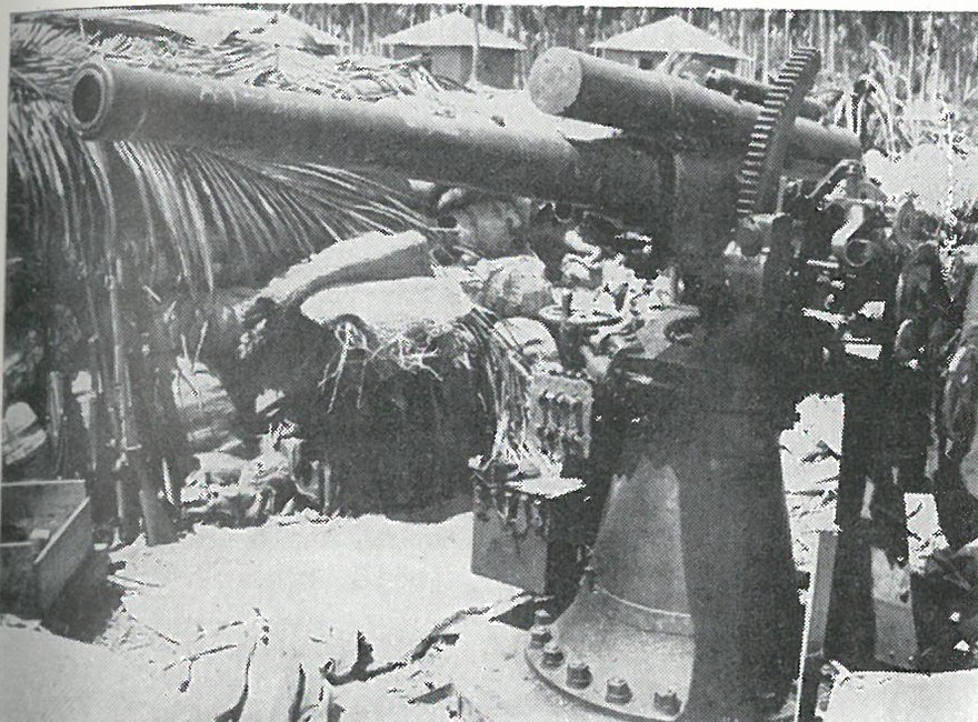 USING CAPTURED JAPANESE GUNS such as the 3-inch dual purpose weapon shown here, Marines of Company M, 5th Marines, dueled with a Japanese cruiser on 19 August. No hits were scored by either party.