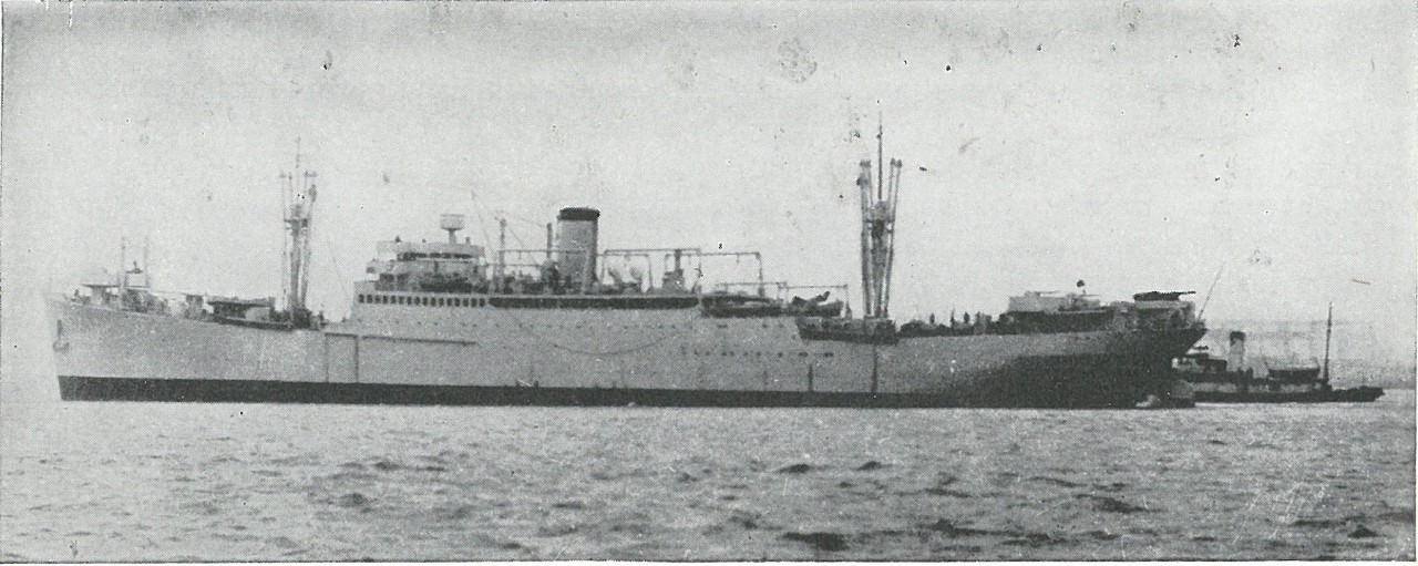 THE TRANSPORT, GEORGE F. ELLIOTT, was the first to be sunk in the Guadalcanal campaign, on 8 August 1942. Before U.S. torpedoes administered the coup de grace, the burning Elliott silhouetted other U.S. men of war for the Savo Island disaster.